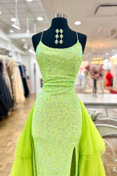 Sparkly Green Sequins Mermaid Spaghetti Straps Long Prom Dress with Cape