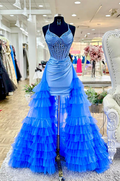 Sparkly Blue Ruffled Corset Tight Short Prom Dress with Cape