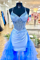 Load image into Gallery viewer, Sparkly Blue Ruffled Corset Tight Short Prom Dress with Cape