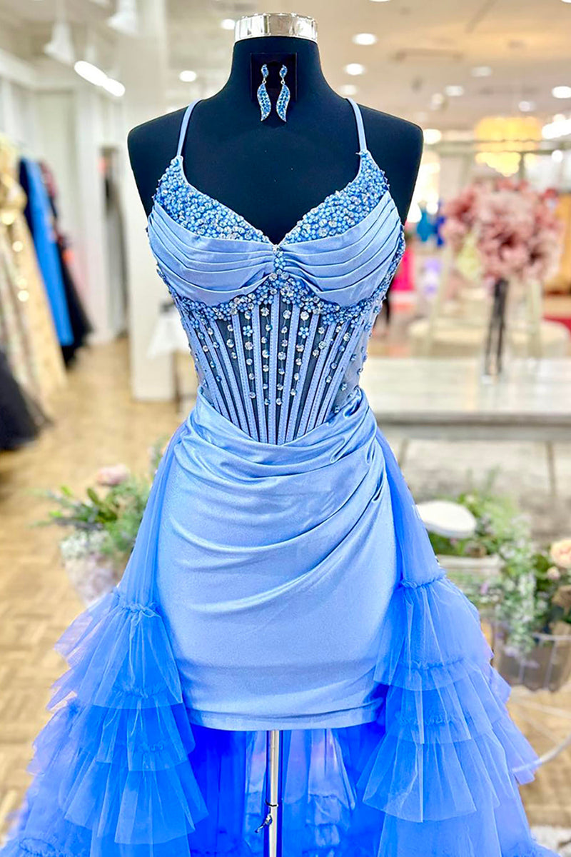 Load image into Gallery viewer, Sparkly Blue Ruffled Corset Tight Short Prom Dress with Cape
