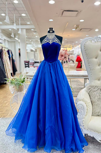 Sparkly Royal Blue Beaded Halter Neck Long Prom Dress with Rhinestones