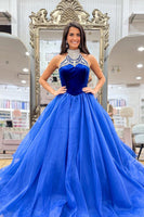 Load image into Gallery viewer, Sparkly Royal Blue Beaded Halter Neck Long Prom Dress with Rhinestones