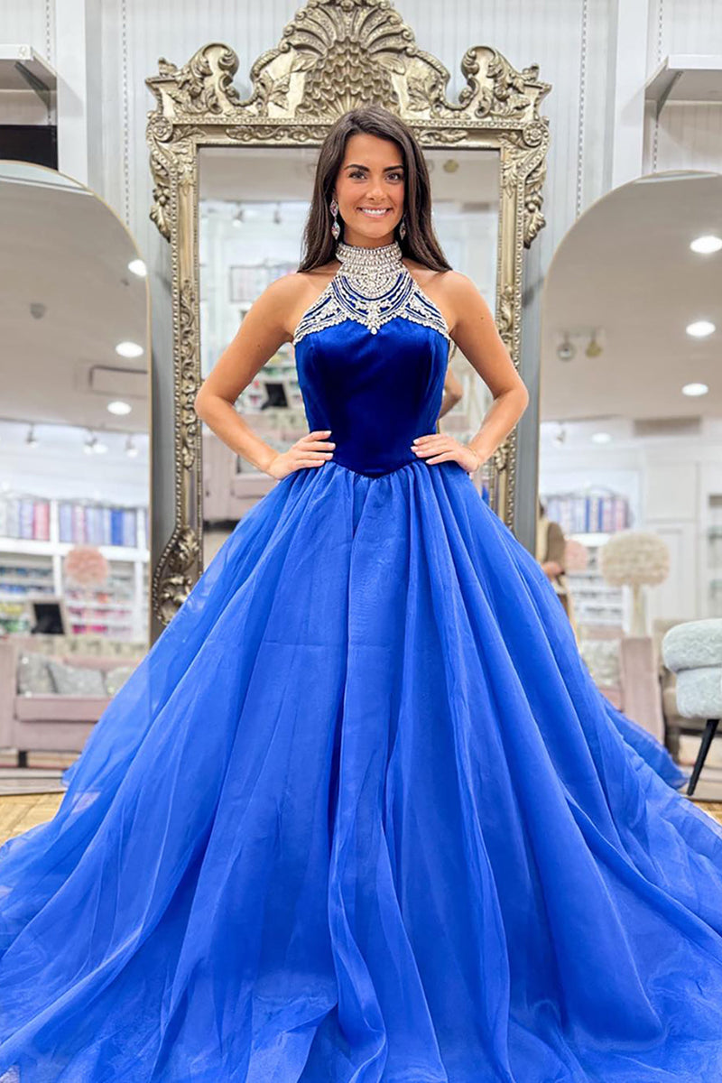 Load image into Gallery viewer, Sparkly Royal Blue Beaded Halter Neck Long Prom Dress with Rhinestones