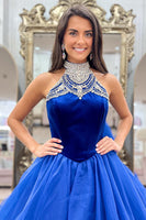 Load image into Gallery viewer, Sparkly Royal Blue Beaded Halter Neck Long Prom Dress with Rhinestones