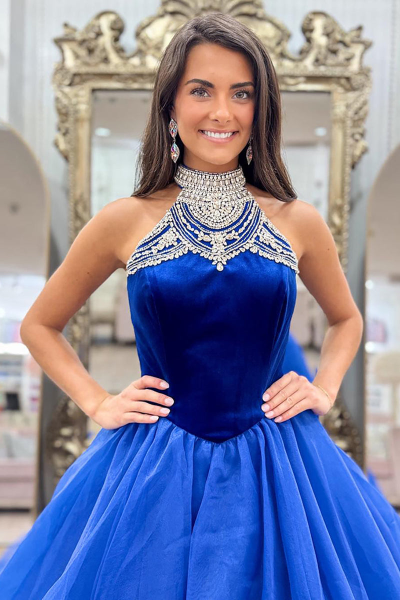 Load image into Gallery viewer, Sparkly Royal Blue Beaded Halter Neck Long Prom Dress with Rhinestones