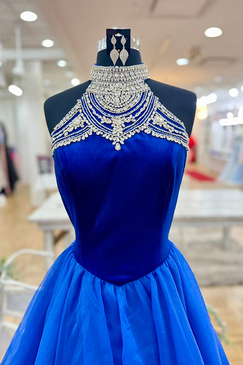 Load image into Gallery viewer, Sparkly Royal Blue Beaded Halter Neck Long Prom Dress with Rhinestones