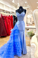 Load image into Gallery viewer, Sparkly Blue Mermaid Ruffled Long Corset Prom Dress