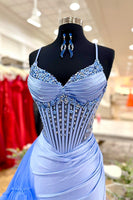 Load image into Gallery viewer, Sparkly Blue Mermaid Ruffled Long Corset Prom Dress