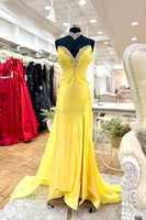 Load image into Gallery viewer, Sparkly Yellow Satin Beaded Mermaid Long Prom Dress with Cape