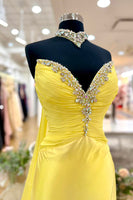 Load image into Gallery viewer, Sparkly Yellow Satin Beaded Mermaid Long Prom Dress with Cape