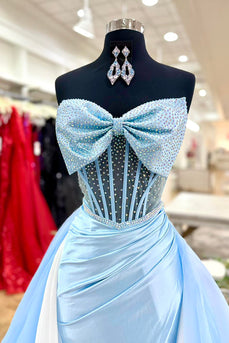 Sparkly Blue Mermaid Corset Long Prom Dress with Cape
