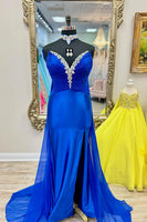 Load image into Gallery viewer, Sparkly Royal Blue Sweetheart Beaded Mermaid Long Prom Dress with Cape