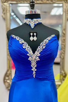 Sparkly Royal Blue Sweetheart Beaded Mermaid Long Prom Dress with Cape