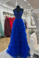 Load image into Gallery viewer, Sparkly Royal Blue Ruffled Spaghetti Straps Corset Long Prom Dress