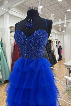 Sparkly Royal Blue Ruffled Spaghetti Straps Corset Long Prom Dress
