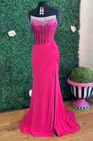 Load image into Gallery viewer, Sparkly Fuchsia Strapless Mermaid Corset Long Prom Dress with Slit