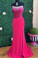 Load image into Gallery viewer, Sparkly Fuchsia Strapless Mermaid Corset Long Prom Dress with Slit