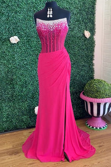 Sparkly Fuchsia Strapless Mermaid Corset Long Prom Dress with Slit