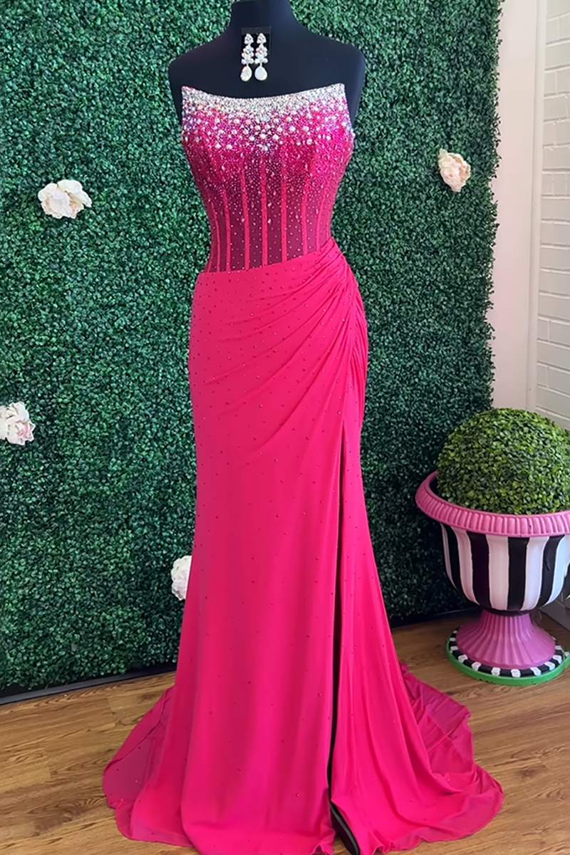 Load image into Gallery viewer, Sparkly Fuchsia Strapless Mermaid Corset Long Prom Dress with Slit