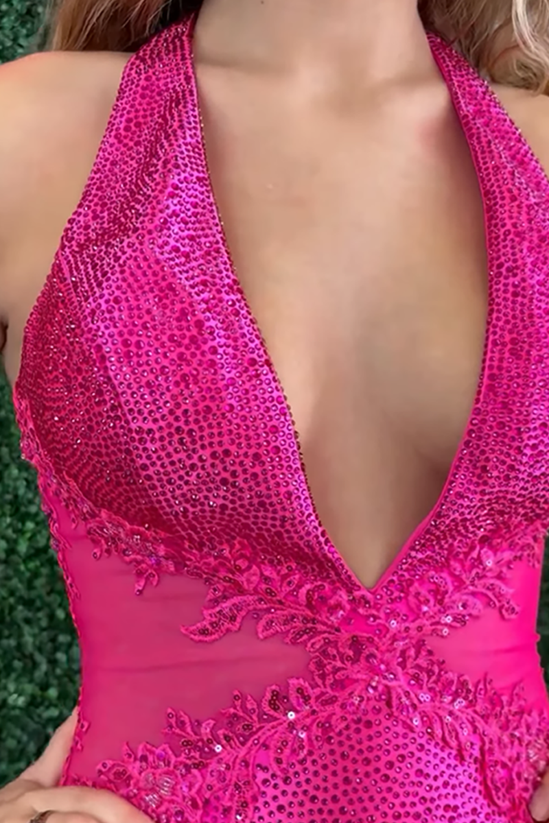 Load image into Gallery viewer, Sparkly Fuchsia Beaded Halter Neck Mermaid Long Prom Dress