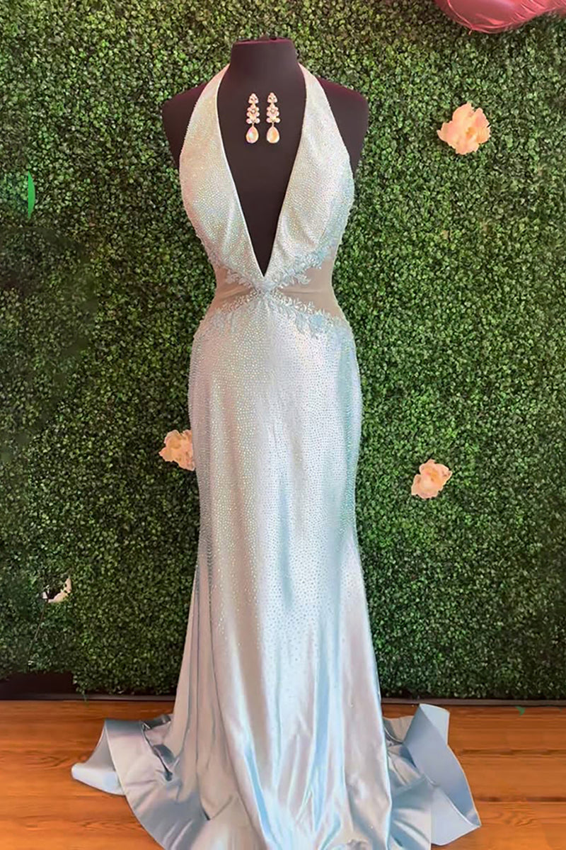 Load image into Gallery viewer, Sparkly Fuchsia Beaded Halter Neck Mermaid Long Prom Dress