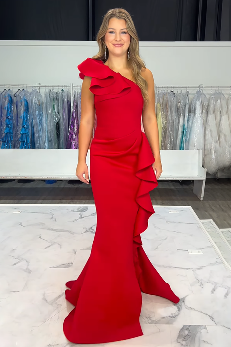 Load image into Gallery viewer, Red One Shoulder Tiered Mermaid Long Prom Dress
