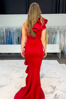 Red One Shoulder Tiered Mermaid Long Prom Dress