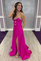 Load image into Gallery viewer, Sparkly Fuchsia Beaded Keyhole A Line Long Prom Dress with Slit