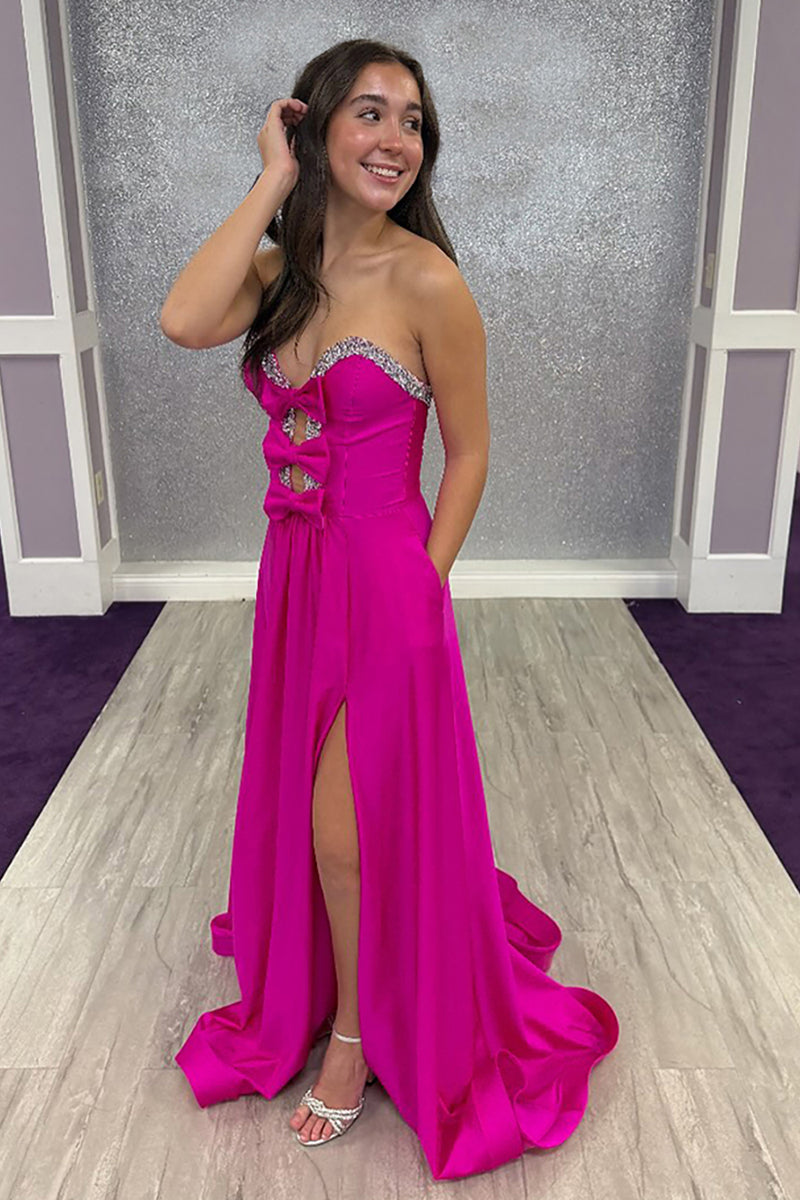 Load image into Gallery viewer, Sparkly Fuchsia Beaded Keyhole A Line Long Prom Dress with Slit