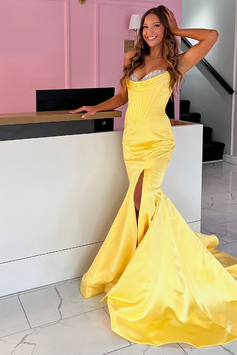 Load image into Gallery viewer, Sparkly Yellow Beaded Mermaid Long Corset Prom Dress with Slit