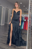 Load image into Gallery viewer, Black Strapless Ruffled Sheath Long Prom Dress with Slit