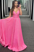 Load image into Gallery viewer, Sparkly Pink Spaghetti Straps Beaded Long Prom Dress