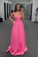 Load image into Gallery viewer, Sparkly Pink Spaghetti Straps Beaded Long Prom Dress