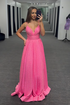 Sparkly Pink Spaghetti Straps Beaded Long Prom Dress