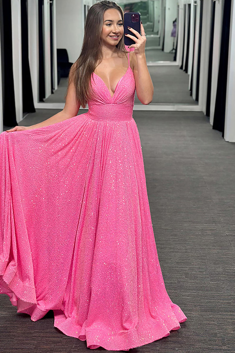 Load image into Gallery viewer, Sparkly Pink Spaghetti Straps Beaded Long Prom Dress