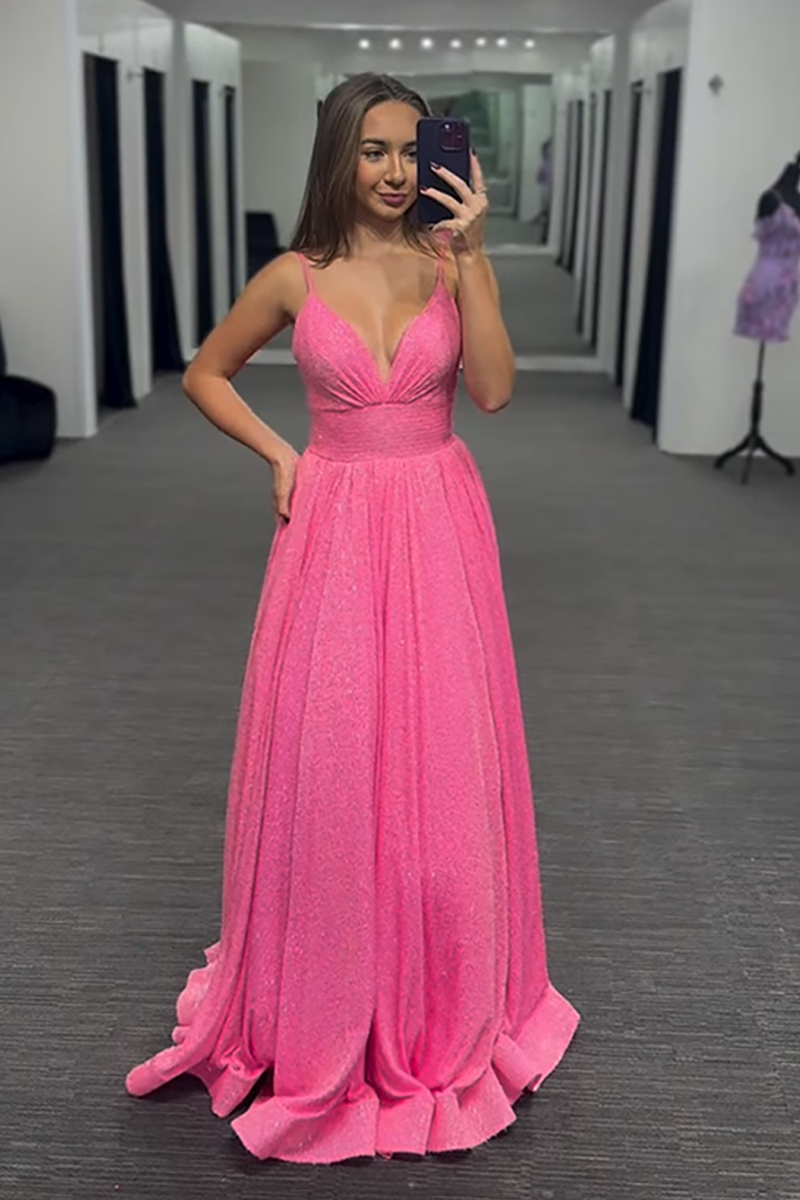 Load image into Gallery viewer, Sparkly Pink Spaghetti Straps Beaded Long Prom Dress