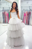 Load image into Gallery viewer, Sparkly White Tulle Beaded Long Corset Prom Dress with Ruffles