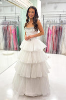 Load image into Gallery viewer, Sparkly White Tulle Beaded Long Corset Prom Dress with Ruffles