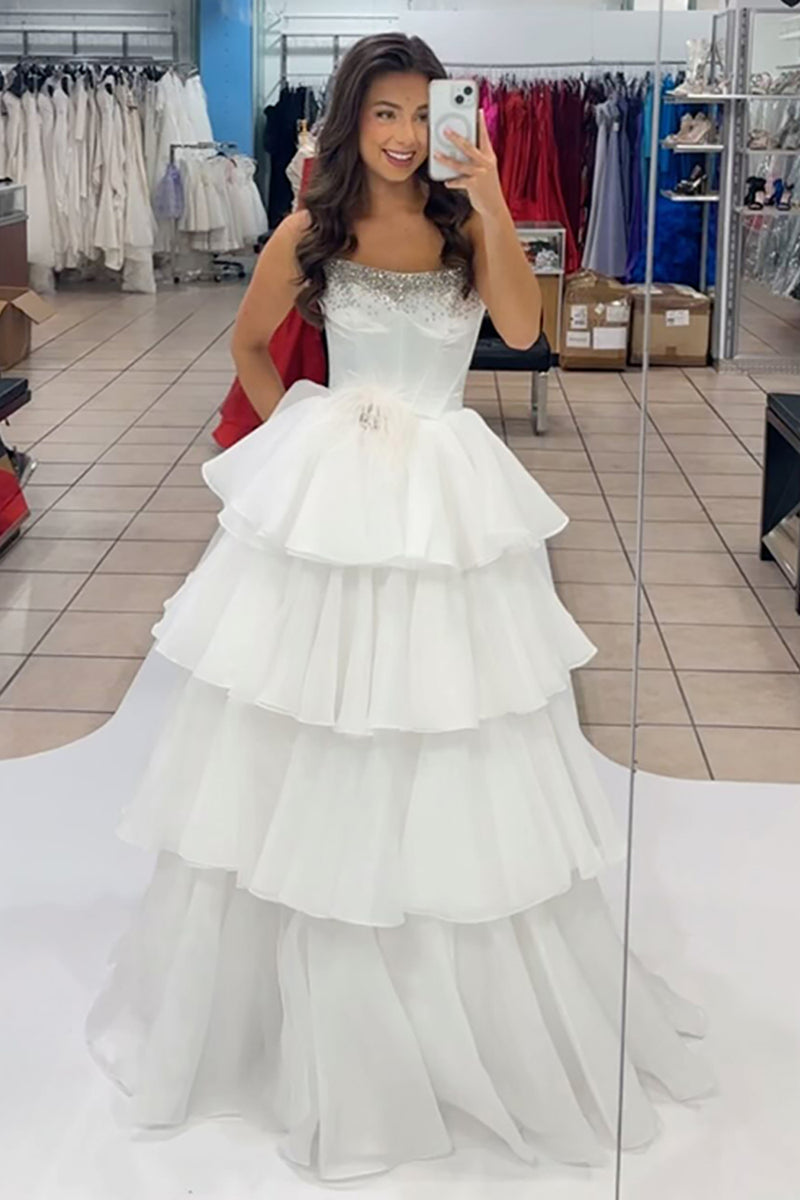 Load image into Gallery viewer, Sparkly White Tulle Beaded Long Corset Prom Dress with Ruffles