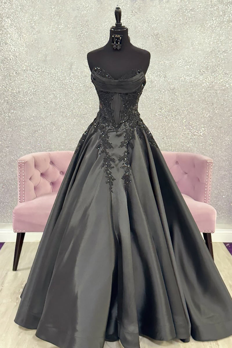 Load image into Gallery viewer, Sparkly Black Appliqued Sweetheart Long Corset Prom Dress