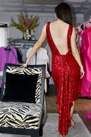 Load image into Gallery viewer, Sparkly Red Sequin V Neck Bodycon Knee-Length Prom Dress with Sash