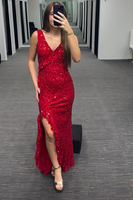 Load image into Gallery viewer, Sparkly Red Sequin Thick Straps Mermaid Long Prom Dress with Slit