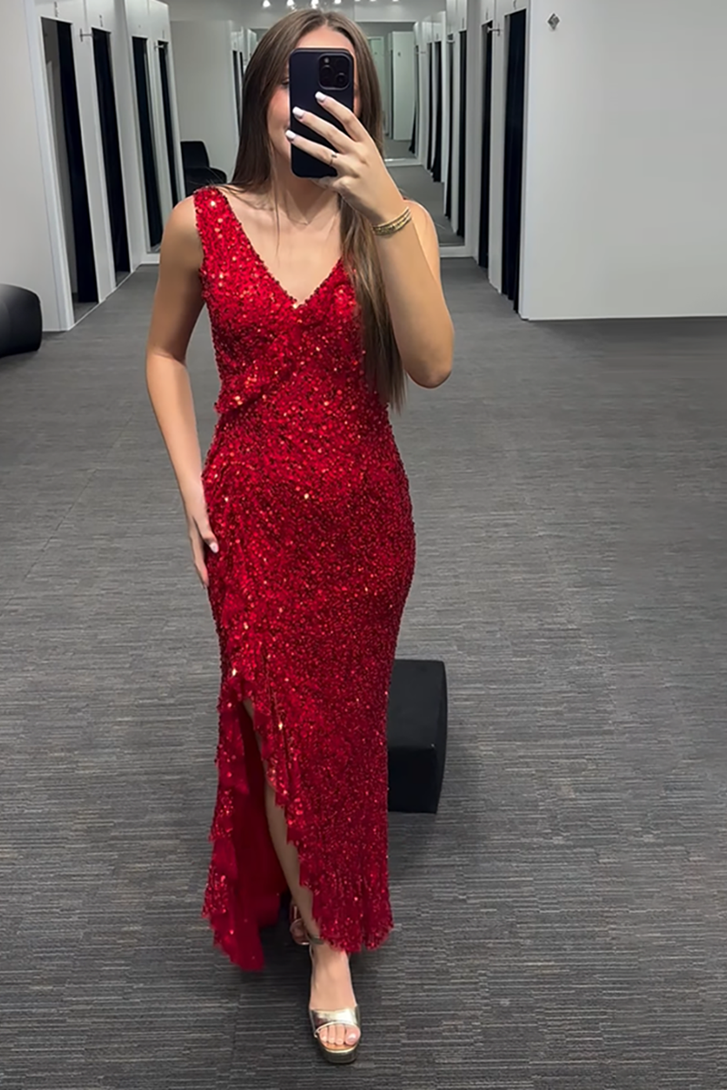 Load image into Gallery viewer, Sparkly Red Sequin Thick Straps Mermaid Long Prom Dress with Slit