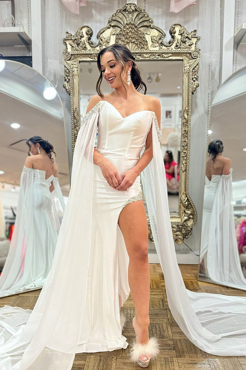 Load image into Gallery viewer, Sparkly White Off the Shoulder Mermaid Long Prom Dress with Cape