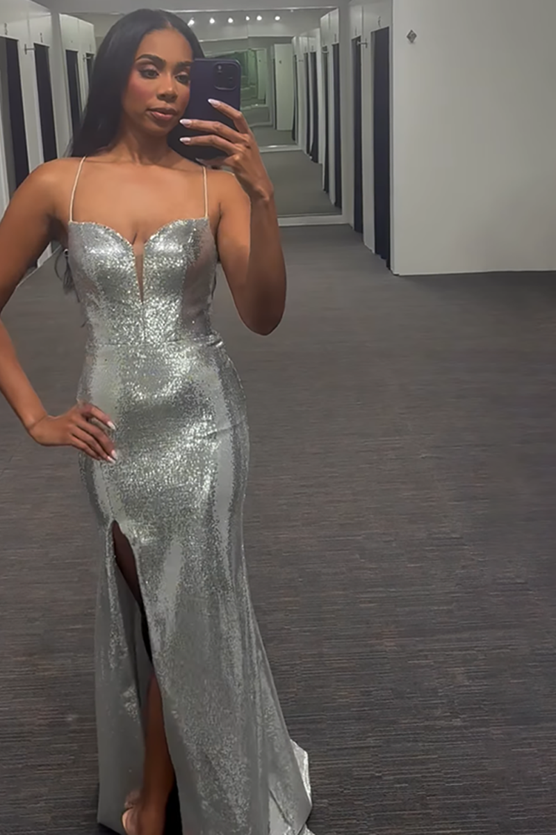 Load image into Gallery viewer, Sparkly Silver Sequin Spaghetti Straps Long Mermaid Prom Dress with Slit