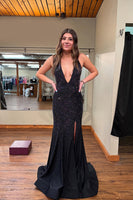 Load image into Gallery viewer, Sparkly Black Beaded Halter Neck Mermaid Long Prom Dress with Slit