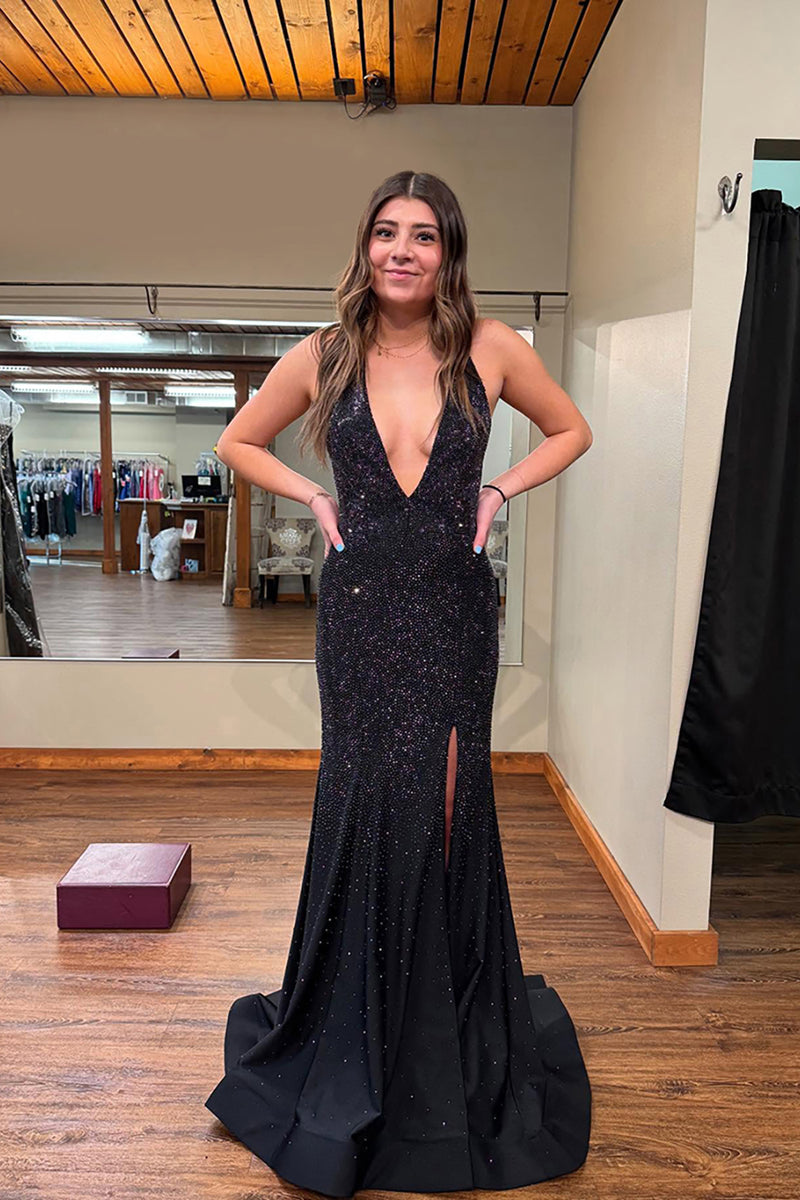 Load image into Gallery viewer, Sparkly Black Beaded Halter Neck Mermaid Long Prom Dress with Slit