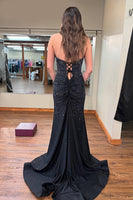 Load image into Gallery viewer, Sparkly Black Beaded Halter Neck Mermaid Long Prom Dress with Slit