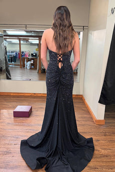 Sparkly Black Beaded Halter Neck Mermaid Long Prom Dress with Slit