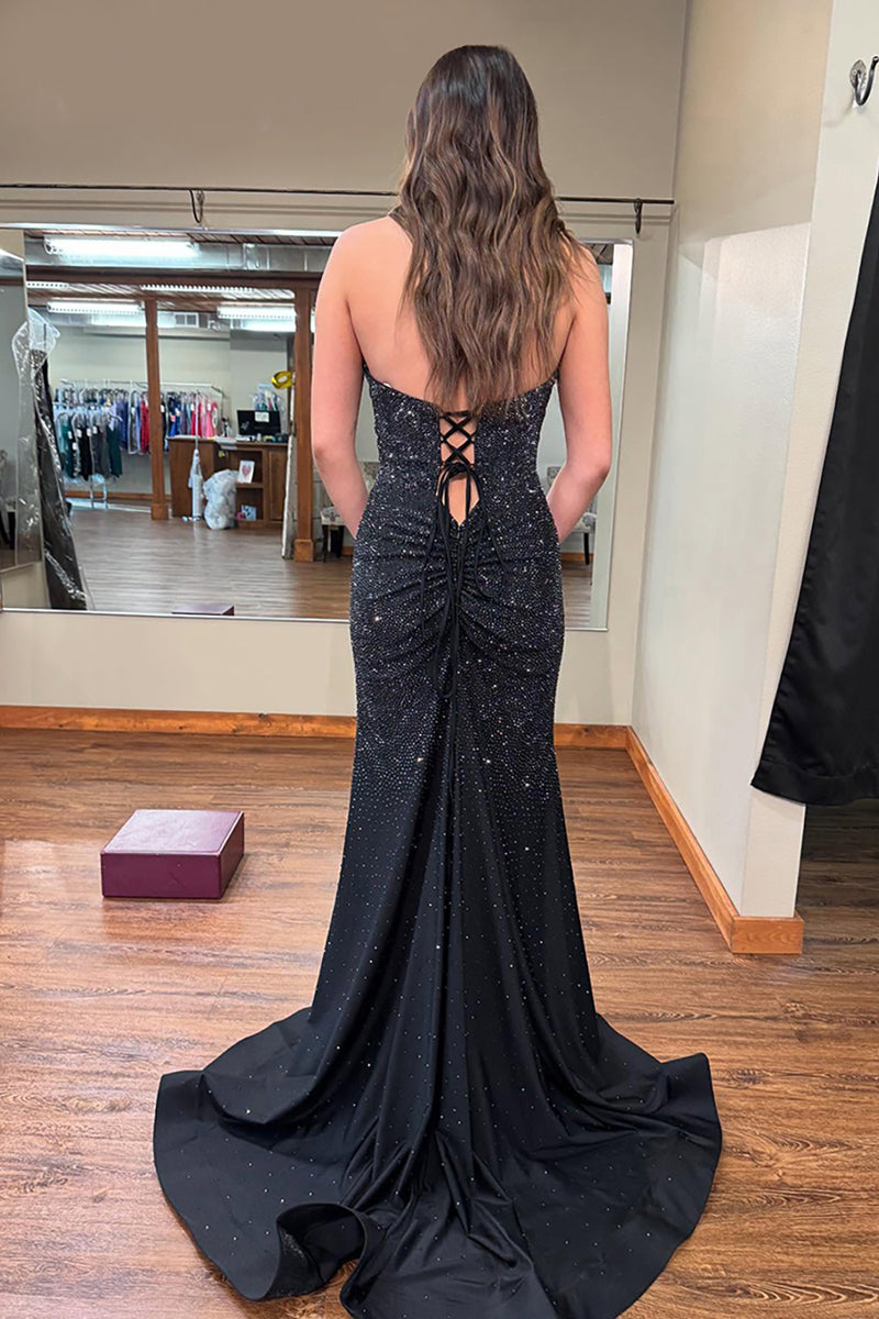 Load image into Gallery viewer, Sparkly Black Beaded Halter Neck Mermaid Long Prom Dress with Slit